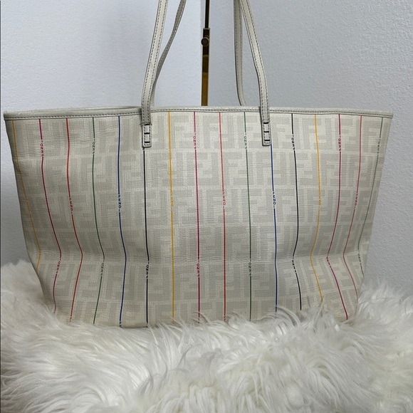 💯Authentic FENDI 
Zucca Spalmati Striped Large Roll Tote White Multicolor🍀 - Picture 6 of 15